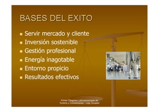  Servirmercado y cliente
  Inversión sostenible

  Gestión profesional

  Energía inagotable

  Entorno propicio

  Resultados efectivos




               Primer Congreso Latinoamericano de
              Turismo y Convenciones - Loja, Ecuador
 