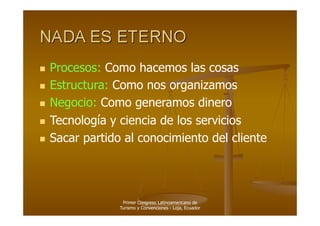   Procesos: Como hacemos las cosas
  Estructura: Como nos organizamos

  Negocio: Como generamos dinero

  Tecnología y ciencia de los servicios

  Sacar partido al conocimiento del cliente




                Primer Congreso Latinoamericano de
               Turismo y Convenciones - Loja, Ecuador
 