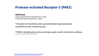 Protease-activated Receptor-2 (PAR2)
http://faculty.massasoit.mass.edu/whanna/201/201_assets/PL_melanocytebiology.pdf
http://www.ncbi.nlm.nih.gov/pubmed/10623462?dopt=Abstract&holding=npg
Sinônimos
COAGULATION FACTOR II RECEPTOR-LIKE 1; F2RL1
G PROTEIN-COUPLED RECEPTOR 11; GPR11
• Receptor de membrana dos queratinócitos responsável pela
transferência dos melanossomas;
• PAR2 é ativado pelas serina-proteases após insulto na barreira cutânea;
http://www.nature.com/jid/journal/v126/n9/pdf/5700351a.pdf
 