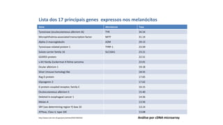 Gene Abrviaturas Taxa
Tyrosinase (oculocutaneous albinism IA) TYR 34.54
Microphthalmia-associated transcription factor MITF 31.14
Alpha-2-macroglobulin A2M 29.13
Tyrosinase-related protein 1 TYRP-1 23.59
Solute carrier family 16 SLC16A1 23.21
GS3955 protein 22.51
v-kit Hardy-Zuckerman 4 feline sarcoma 22.01
Ocular albinism 1 19.18
Silver (mouse homolog) like 18.55
Rag D protein 17.65
Glycogenin 2 17.62
G protein-coupled receptor, family C 16.15
Oculocutaneous albinism II 15.40
Deleted in esophageal cancer 1 14.56
Melan-A 13.56
SRY (sex determining region Y)-box 10 13.14
ATPase, Class V, type 10C 13.08
Lista dos 17 principais genes expressos nos melanócitos
Análise por cDNA microarray
http://www.ncbi.nlm.nih.gov/pmc/articles/PMC3582926/
 