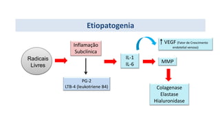 Etiopatogenia
Radicais
Livres
Inflamação
Subclínica
PG-2
LTB-4 (leukotriene B4)
IL-1
IL-6 MMP
Colagenase
Elastase
Hialuronidase
VEGF (Fator de Crescimento
endotelial venoso)
 