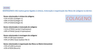 MATRIGENICS 14G reativa genes ligados à síntese, maturação e organização das fibras de colágeno na derme:
Genes relacionados à síntese de colágeno
+15% of COL1 (Collagen 1)
+20% of COL4 (Collagen 4)
+37% of COL8 (Collagen 8)
Genes relacionados à maturação do colágeno
+ 61% of P4HA1 (prolyl 4-hydroxylase)
+30% of P4HA2 (prolyl 4-hydroxylase)
Genes relacionados à montagem do colágeno
+50% of LOX (lysyl oxydase)
+43% of LOXL2 (lysyl oxydase-like 2)
Genes relacionados à organização das fibras na Matriz Extracelular
+72% of LUM (Lumican)
+23% of DCN (Decorin)
IN VITRO
 