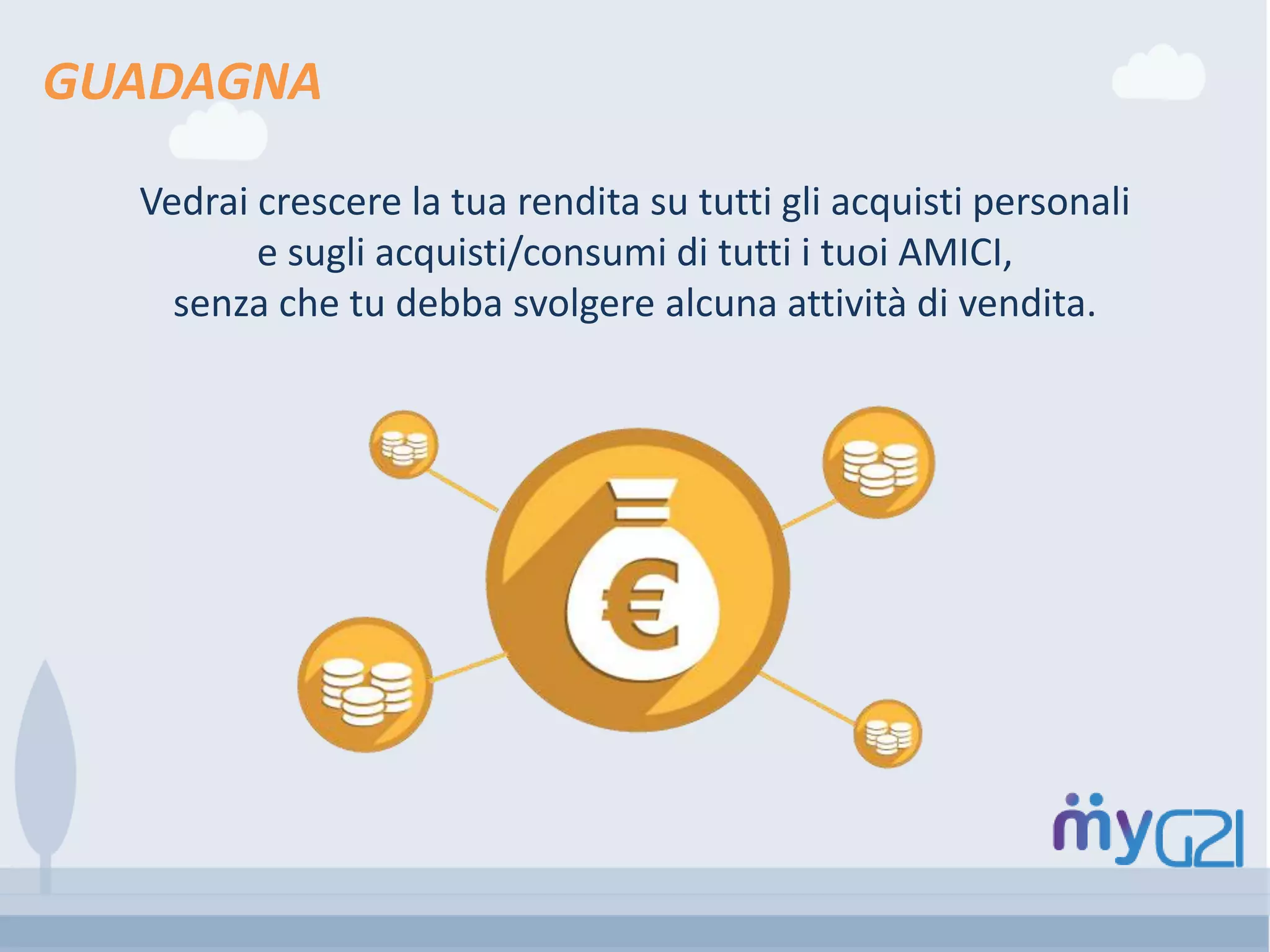 Vedrai crescere la tua rendita su tutti gli acquisti personali
e sugli acquisti/consumi di tutti i tuoi AMICI,
senza che tu debba svolgere alcuna attività di vendita.
GUADAGNA
 