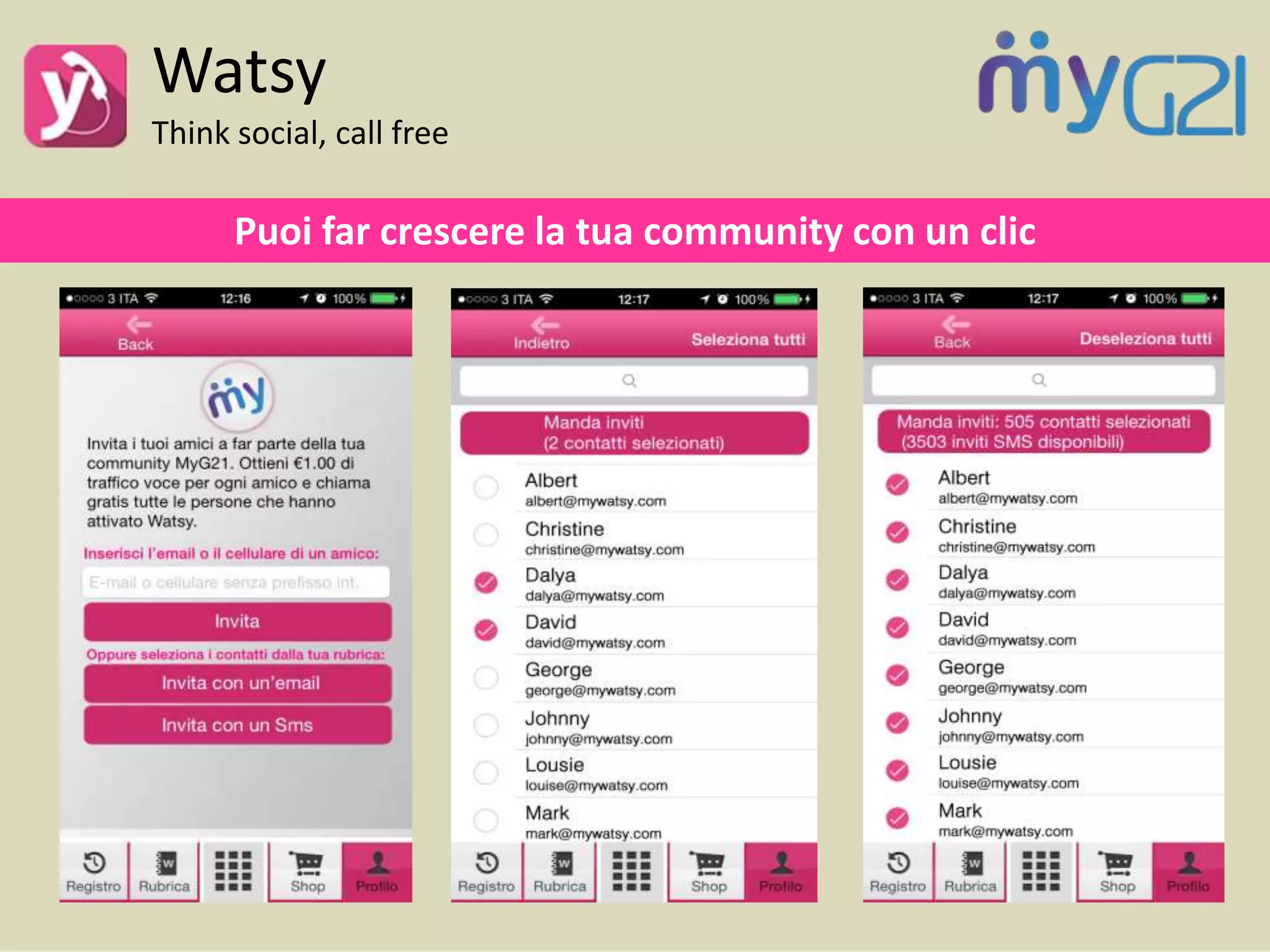 Watsy
Think social, call free
Puoi far crescere la tua community con un clic
 