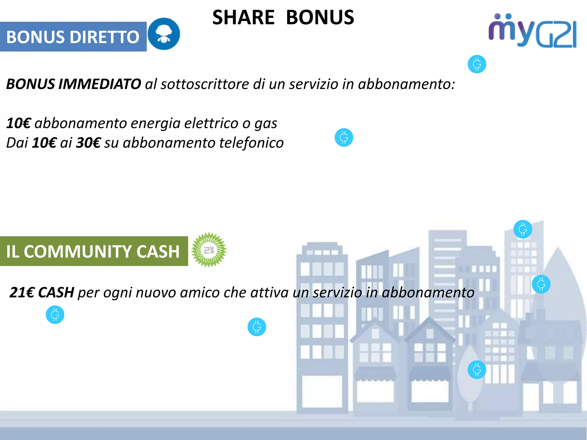 21€ CASH per ogni nuovo amico che attiva un servizio in abbonamento
IL COMMUNITY CASH
BONUS IMMEDIATO al sottoscrittore di un servizio in abbonamento:
10€ abbonamento energia elettrico o gas
Dai 10€ ai 30€ su abbonamento telefonico
BONUS DIRETTO
SHARE BONUS
 