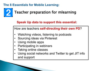 The 8 Essentials for Mobile Learning:
How are teachers self-directing their own PD?
• Watching videos, listening to podcasts
• Sourcing ideas via Pinterest
• Using mobile apps
• Participating in webinars
• Taking online classes
• Using social networks and Twitter to get JIT info
and support
Teacher preparation for mlearning
Speak Up data to support this essential:
 
