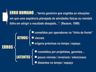 ERRO HUMANO ...“termo genérico que engloba as situações
em que uma seqüência planejada de atividades físicas ou mentais
falha em atingir o resultado desejado...” (Reason, 1999)
 cometidos por operadores na “linha de frente”

ATIVOS  visíveis
 origens próximas no tempo / espaço

ERROS

 cometidos por projetistas, gerentes...

LATENTES

 pouco visíveis / invisíveis / silenciosos
 distantes no tempo / espaço

 