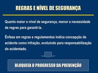 REGRAS E NÍVEL DE SEGURANÇA
Quanto maior o nível de segurança, menor a necessidade
de regras para garanti-la.
Ênfase em regras e regulamentos indica concepção de
acidente como infração, evoluindo para responsabilização
do acidentado.

BLOQUEIA O PROGRESSO DA PREVENÇÃO

 
