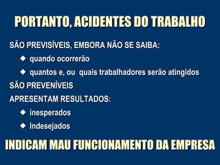 SÃO PREVISÍVEIS, EMBORA NÃO SE SAIBA:SÃO PREVISÍVEIS, EMBORA NÃO SE SAIBA:
 quando ocorrerãoquando ocorrerão
 quantos e, ou quais trabalhadores serão atingidosquantos e, ou quais trabalhadores serão atingidos
SÃO PREVENÍVEISSÃO PREVENÍVEIS
APRESENTAM RESULTADOS:APRESENTAM RESULTADOS:
 inesperadosinesperados
 IndesejadosIndesejados
PORTANTO, ACIDENTES DO TRABALHOPORTANTO, ACIDENTES DO TRABALHO
INDICAM MAU FUNCIONAMENTO DA EMPRESAINDICAM MAU FUNCIONAMENTO DA EMPRESA
 