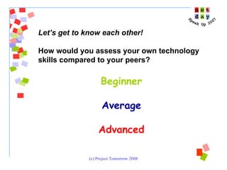 Let’s get to know each other! How would you assess your own technology skills compared to your peers? Beginner Average Advanced 