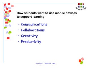 Communications Collaborations Creativity Productivity How students want to use mobile devices  to support learning 