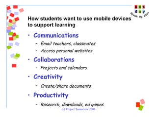 Communications Email teachers, classmates Access personal websites Collaborations Projects and calendars Creativity Create/share documents   Productivity Research, downloads, ed games   How students want to use mobile devices  to support learning 