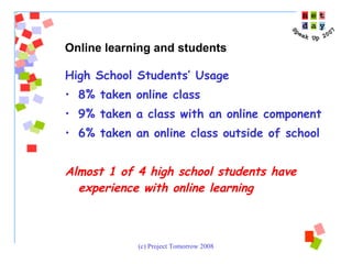High School Students’ Usage 8% taken online class 9% taken a class with an online component 6% taken an online class outside of school Almost 1 of 4 high school students have experience with online learning Online learning and students 