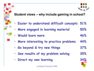 Easier to understand difficult concepts 51% More engaged in learning material 50% Would learn more 46% More interesting to practice problems 44% Go beyond & try new things 37% See results of my problem solving 35% Direct my own learning 34% Student views – why include gaming in school? 
