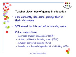 11% currently use some gaming tech in their classroom 50% would be interested in learning more Value proposition: Increase student engagement (65%) Address different learning styles (65%) Student centered learning (47%) Develop problem solving and critical thinking (40%) Teacher views: use of games in education 