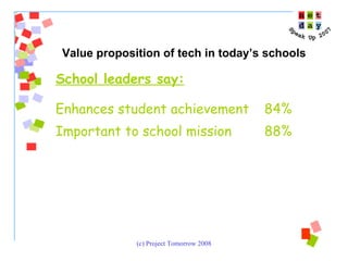 School leaders say:   Enhances student achievement 84% Important to school mission 88% Value proposition of tech in today’s schools 