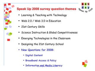 Learning & Teaching with Technology Web 2.0 / Web 3.0 in Education 21st Century Skills Science Instruction & Global Competitiveness Emerging Technologies in the Classroom Designing the 21st Century School New Questions for 2008:  Digital Content  Broadband Access & Policy Information and Media Literacy   Speak Up 2008 survey question themes 