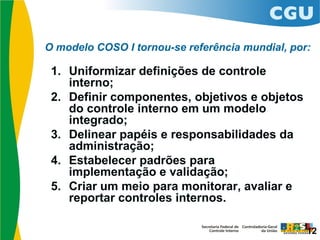 O modelo COSO I tornou-se referência mundial, por:
12
 