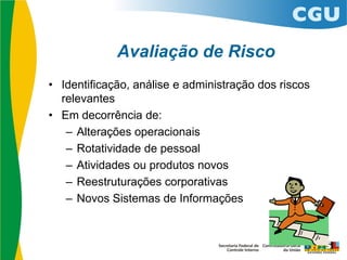 Avaliação de Risco
• Identificação, análise e administração dos riscos
relevantes
• Em decorrência de:
– Alterações operacionais
– Rotatividade de pessoal
– Atividades ou produtos novos
– Reestruturações corporativas
– Novos Sistemas de Informações
 