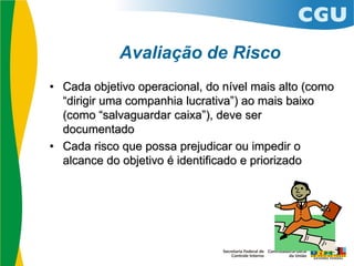 Avaliação de Risco
• Cada objetivo operacional, do nível mais alto (como
“dirigir uma companhia lucrativa”) ao mais baixo
(como “salvaguardar caixa”), deve ser
documentado
• Cada risco que possa prejudicar ou impedir o
alcance do objetivo é identificado e priorizado
 
