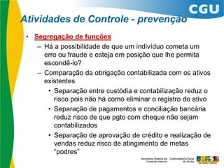 Atividades de Controle - prevenção
• Segregação de funções
– Há a possibilidade de que um indivíduo cometa um
erro ou fraude e esteja em posição que lhe permita
escondê-lo?
– Comparação da obrigação contabilizada com os ativos
existentes
• Separação entre custódia e contabilização reduz o
risco pois não há como eliminar o registro do ativo
• Separação de pagamentos e conciliação bancária
reduz risco de que pgto com cheque não sejam
contabilizados
• Separação de aprovação de crédito e realização de
vendas reduz risco de atingimento de metas
“podres”
 