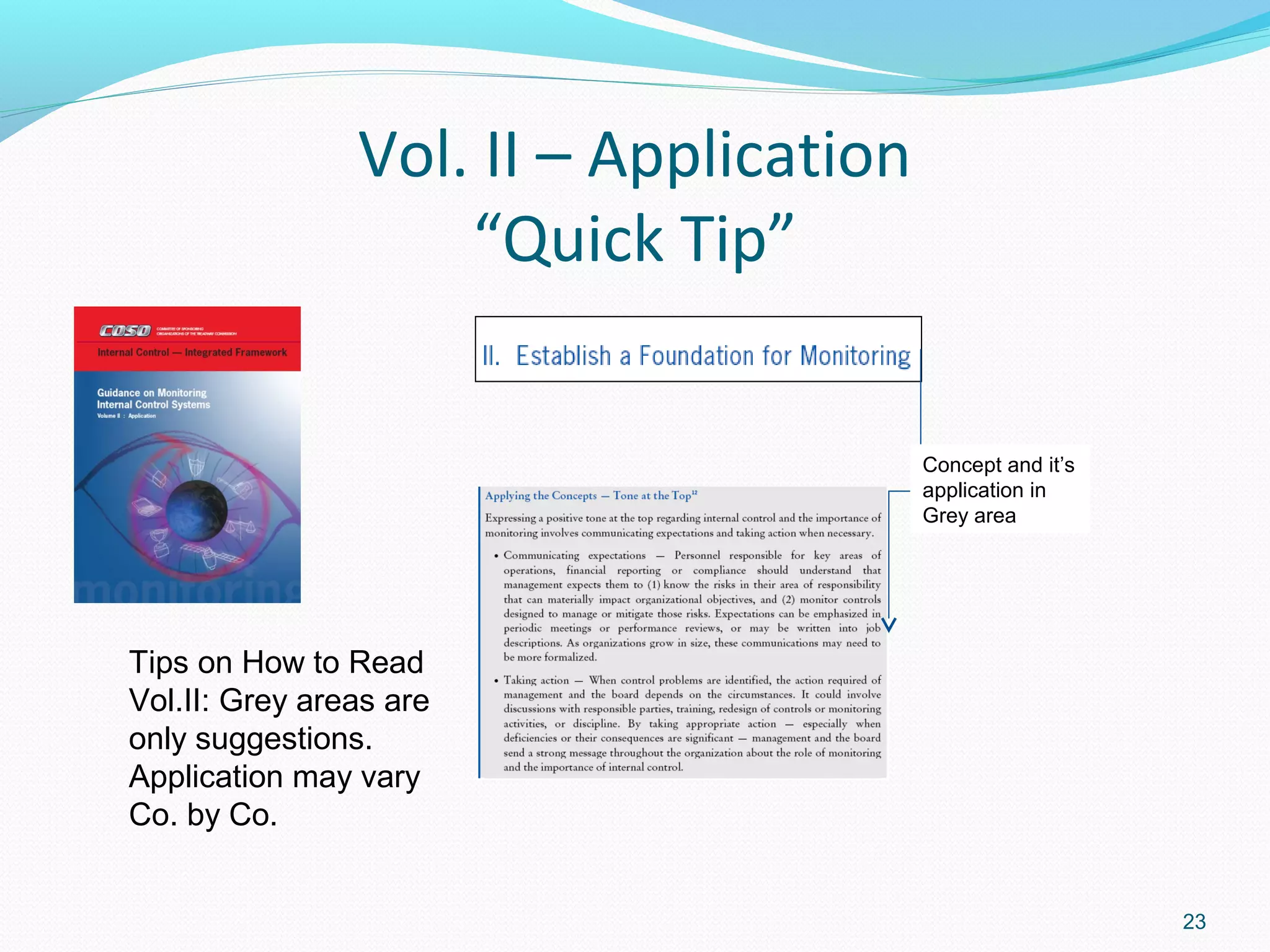 Vol. II – Application
                    “Quick Tip”

                                        Concept and it’s
                                        application in
                                        Grey area




Tips on How to Read
Vol.II: Grey areas are
only suggestions.
Application may vary
Co. by Co.


                                                           23
 