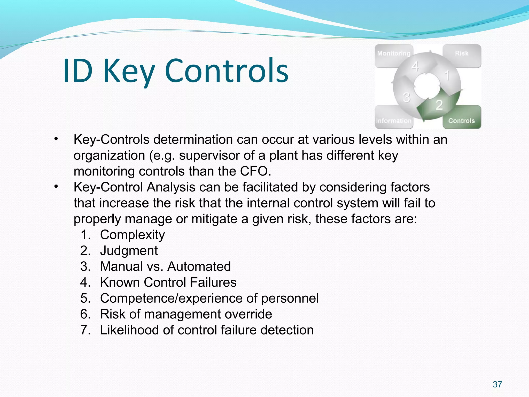 ID Key Controls
•   Key-Controls determination can occur at various levels within an
    organization (e.g. supervisor of a plant has different key
    monitoring controls than the CFO.
•   Key-Control Analysis can be facilitated by considering factors
    that increase the risk that the internal control system will fail to
    properly manage or mitigate a given risk, these factors are:
     1. Complexity
     2. Judgment
     3. Manual vs. Automated
     4. Known Control Failures
     5. Competence/experience of personnel
     6. Risk of management override
     7. Likelihood of control failure detection



                                                                           37
 