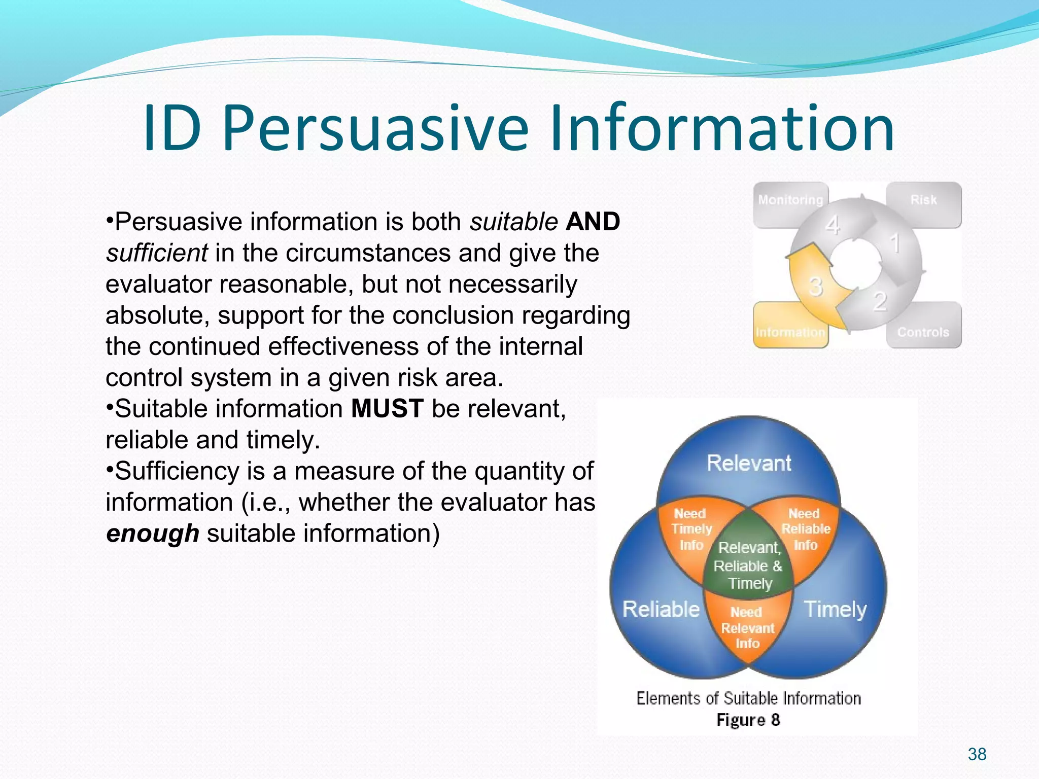 ID Persuasive Information
•Persuasive information is both suitable AND
sufficient in the circumstances and give the
evaluator reasonable, but not necessarily
absolute, support for the conclusion regarding
the continued effectiveness of the internal
control system in a given risk area.
•Suitable information MUST be relevant,
reliable and timely.
•Sufficiency is a measure of the quantity of
information (i.e., whether the evaluator has
enough suitable information)




                                                 38
 