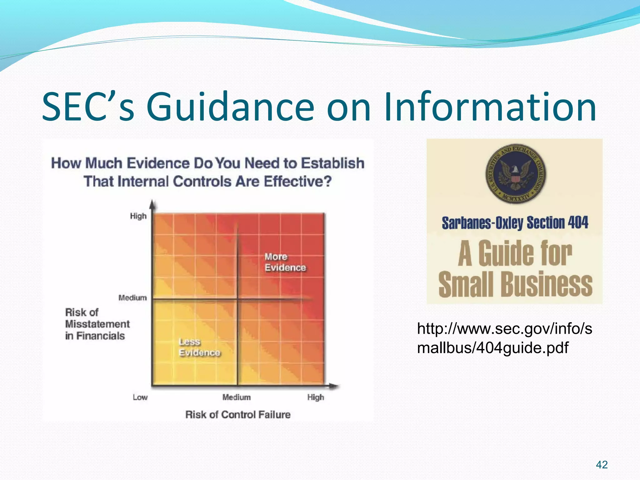SEC’s Guidance on Information



                   http://www.sec.gov/info/s
                   mallbus/404guide.pdf




                                               42
 