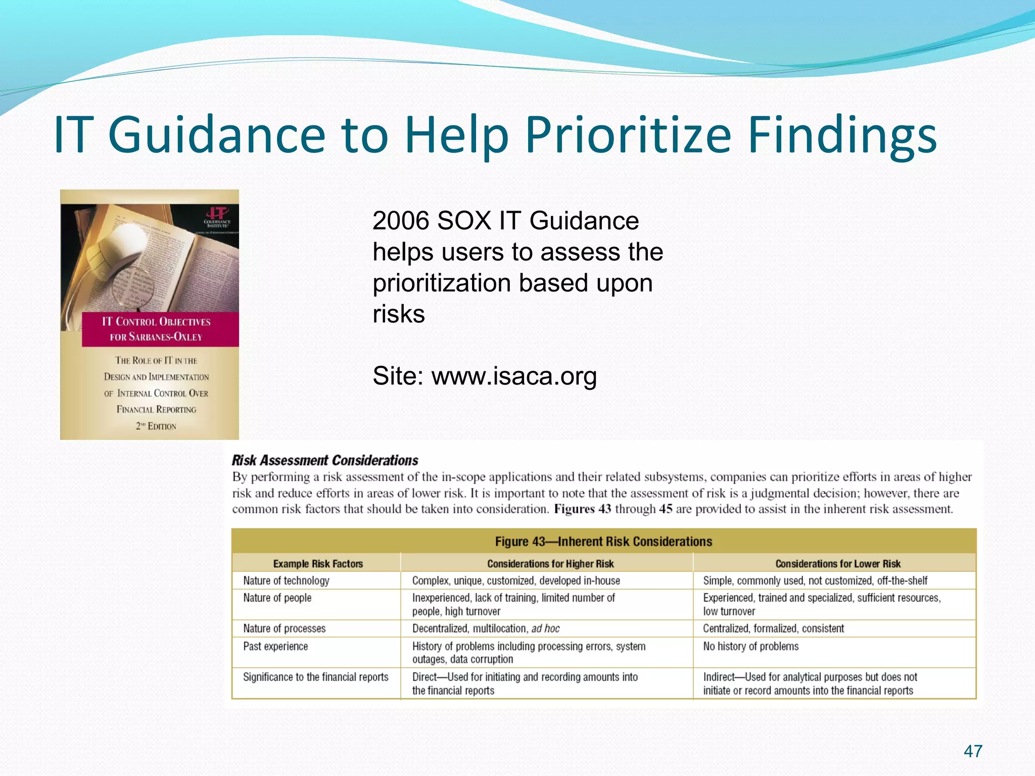 IT Guidance to Help Prioritize Findings
              2006 SOX IT Guidance
              helps users to assess the
              prioritization based upon
              risks

              Site: www.isaca.org




                                          47
 
