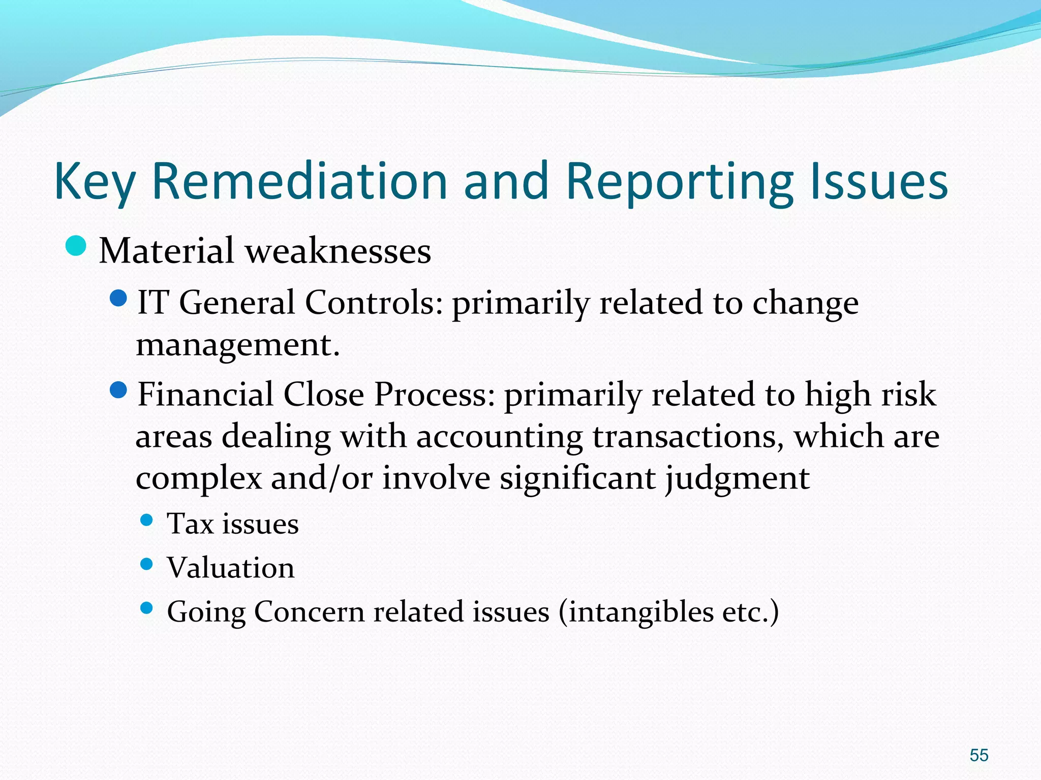 Key Remediation and Reporting Issues
Material weaknesses
  IT General Controls: primarily related to change
   management.
  Financial Close Process: primarily related to high risk
   areas dealing with accounting transactions, which are
   complex and/or involve significant judgment
     Tax issues
     Valuation

     Going Concern related issues (intangibles etc.)




                                                             55
 