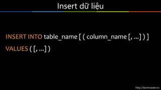 http://techmaster.vn
Insert dữ liệu
INSERT INTO table_name [ ( column_name [, ...] ) ]
VALUES ( [, ...] )
 