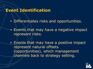 Event Identification
• Differentiates risks and opportunities.
• Events that may have a negative impact
represent risks.
• Events that may have a positive impact
represent natural offsets
(opportunities), which management
channels back to strategy setting.
 
