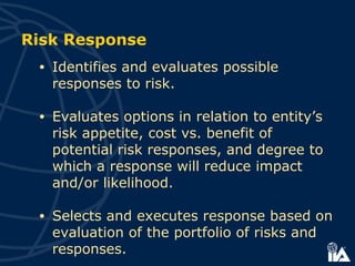 Risk Response
• Identifies and evaluates possible
responses to risk.
• Evaluates options in relation to entity’s
risk appetite, cost vs. benefit of
potential risk responses, and degree to
which a response will reduce impact
and/or likelihood.
• Selects and executes response based on
evaluation of the portfolio of risks and
responses.
 
