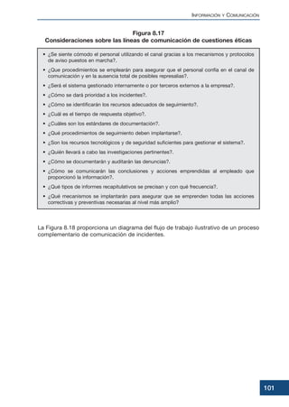 La Figura 8.18 proporciona un diagrama del flujo de trabajo ilustrativo de un proceso
complementario de comunicación de incidentes.
INFORMACIÓN Y COMUNICACIÓN
101
• ¿Se siente cómodo el personal utilizando el canal gracias a los mecanismos y protocolos
de aviso puestos en marcha?.
• ¿Que procedimientos se emplearán para asegurar que el personal confía en el canal de
comunicación y en la ausencia total de posibles represalias?.
• ¿Será el sistema gestionado internamente o por terceros externos a la empresa?.
• ¿Cómo se dará prioridad a los incidentes?.
• ¿Cómo se identificarán los recursos adecuados de seguimiento?.
• ¿Cuál es el tiempo de respuesta objetivo?.
• ¿Cuáles son los estándares de documentación?.
• ¿Qué procedimientos de seguimiento deben implantarse?.
• ¿Son los recursos tecnológicos y de seguridad suficientes para gestionar el sistema?.
• ¿Quién llevará a cabo las investigaciones pertinentes?.
• ¿Cómo se documentarán y auditarán las denuncias?.
• ¿Cómo se comunicarán las conclusiones y acciones emprendidas al empleado que
proporcionó la información?.
• ¿Qué tipos de informes recapitulativos se precisan y con qué frecuencia?.
• ¿Qué mecanismos se implantarán para asegurar que se emprenden todas las acciones
correctivas y preventivas necesarias al nivel más amplio?
Figura 8.17
Consideraciones sobre las líneas de comunicación de cuestiones éticas
 