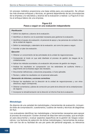 Un proceso metódico proporciona una base sólida para una evaluación. Se utilizan
los más diversos enfoques y técnicas, en general dependiendo de las circunstancias
de la empresa y la naturaleza y alcance de la evaluación a realizar. La Figura 9.3 ilus-
tra el enfoque básico de una empresa.
Metodología
Se dispone de una variedad de metodologías y herramientas de evaluación, incluyen-
do listas de comprobación, cuestionarios, cuadros de mando y técnicas de diagramas
de flujo.
Los evaluadores identifican las metodologías y herramientas necesarias para apoyar
al proceso de evaluación. Existen diversas de ellas bien estructuradas, que se emple-
an para documentar y evaluar aspectos específicos de la gestión de riesgos corpo-
rativos. Los factores de selección de dichas metodologías y herramientas de evalua-
ción son los de su facilidad de uso por parte del personal asignado, su relevancia
GESTIÓN DE RIESGOS CORPORATIVOS – MARCO INTEGRADO / TÉCNICAS DE APLICACIÓN
106
Planificación
• Definir los objetivos y alcance de la evaluación.
• Identificar un directivo con la autoridad necesaria para gestionar la evaluación.
• Identificar el equipo de evaluación, el personal de apoyo y las personas de contacto clave
de la unidad de negocio.
• Definir la metodología y calendario de la evaluación, así como los pasos a seguir.
• Acordar un plan de evaluación.
Ejecución
• Obtener un conocimiento de las actividades de la unidad de negocio/proceso.
• Comprender el modo en que está diseñado el proceso de gestión de riesgos de la
unidad/proceso.
• Aplicar los métodos acordados a la evaluación del proceso de gestión de riesgos.
• Analizar los resultados en comparación con los estándares de auditoría interna y
seguimiento de la empresa según sea necesario.
• Documentar deficiencias y soluciones propuestas, si fuera aplicable.
• Revisar y validar los resultados con el personal adecuado.
Generación de informes y acciones correctivas
• Revisar los resultados con la dirección de la unidad de negocio/proceso y con otros
directivos, según corresponda.
• Obtener comentarios y planes de corrección por parte de la dirección de la unidad/proceso
de negocio.
• Incorporar la retroalimentación de la dirección al informe final de la evaluación.
Figura 9.3
Pasos a seguir en una evaluación independiente
 