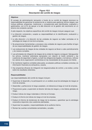 GESTIÓN DE RIESGOS CORPORATIVOS – MARCO INTEGRADO / TÉCNICAS DE APLICACIÓN
116
Objetivos
El consejo de administración (actuando a través de su comité de riesgos) reconoce su
responsabilidad de garantizar la existencia de un sistema para gestionar dichos riesgos, que
incluya políticas, programas, mediciones y competencias para identificarlos, evaluarlos y
gestionarlos, con el fin de apoyar a la alta dirección en la gestión del crecimiento en un
entorno de constante cambio.
A este respecto, los objetivos específicos del comité de riesgos incluyen asegurar que:
• La dirección comprende y acepta su responsabilidad en la identificación, evaluación y
gestión de riesgos.
• La alta dirección y la dirección de las unidades de negocio se hallan centradas en la
estrategia de riesgo al nivel de la empresa.
• Se proporcionan herramientas y procesos a las unidades de negocio para facilitar el logro
de sus responsabilidades de gestión de riesgos.
• Las evaluaciones de riesgos de las unidades de negocio se llevan a cabo periódicamente
y de manera completa.
• Las actividades de mitigación de riesgos de la unidad de negocio consiguen: Salvaguardar
los activos, mantener estándares apropiados con relación al medio ambiente y las
cuestiones de seguridad e higiene, cumplir las obligaciones legales y normativas y reforzar
los valores de la organización centrándose en las necesidades de los grupos de interés.
• Se mantienen registros contables adecuados, se adoptan políticas contables correctas y la
información financiera es exhaustiva y exacta.
• Hay programas eficaces de mitigación de riesgos/pruebas de control, y se evalúa y actúa
sobre los resultados obtenidos.
Responsabilidades
Las responsabilidades del comité de riesgos incluyen:
• Supervisar el desarrollo y la participación en un análisis anual de estrategias de riesgos al
nivel de empresa.
• Desarrollar y perfeccionar el riesgo aceptado y la tolerancia al riesgo al nivel de empresa.
• Proporcionar guías y supervisión al director del área de riesgos y a los líderes globales de
riesgo.
• Evaluar índices de riesgo materiales e informar al Consejo.
• Evaluar el informe de índices de riesgo al nivel de empresa.
• Evaluar el informe de tendencias de riesgo de la empresa y garantizar que la estrategia
corporativa responde a las cuestiones planteadas.
• Supervisar los papeles y responsabilidades de la auditoría interna.
• Revisar las cuentas consolidadas semestrales y anuales.
Figura 10.5
Descripción del comité de riesgos
 