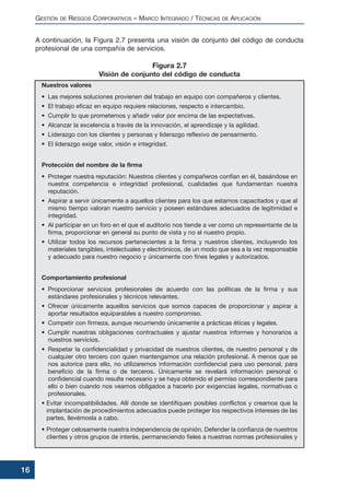 GESTIÓN DE RIESGOS CORPORATIVOS – MARCO INTEGRADO / TÉCNICAS DE APLICACIÓN
16
A continuación, la Figura 2.7 presenta una visión de conjunto del código de conducta
profesional de una compañía de servicios.
Nuestros valores
• Las mejores soluciones provienen del trabajo en equipo con compañeros y clientes.
• El trabajo eficaz en equipo requiere relaciones, respecto e intercambio.
• Cumplir lo que prometemos y añadir valor por encima de las expectativas.
• Alcanzar la excelencia a través de la innovación, el aprendizaje y la agilidad.
• Liderazgo con los clientes y personas y liderazgo reflexivo de pensamiento.
• El liderazgo exige valor, visión e integridad.
Protección del nombre de la firma
• Proteger nuestra reputación: Nuestros clientes y compañeros confían en él, basándose en
nuestra competencia e integridad profesional, cualidades que fundamentan nuestra
reputación.
• Aspirar a servir únicamente a aquellos clientes para los que estamos capacitados y que al
mismo tiempo valoran nuestro servicio y poseen estándares adecuados de legitimidad e
integridad.
• Al participar en un foro en el que el auditorio nos tiende a ver como un representante de la
firma, proporcionar en general su punto de vista y no el nuestro propio.
• Utilizar todos los recursos pertenecientes a la firma y nuestros clientes, incluyendo los
materiales tangibles, intelectuales y electrónicos, de un modo que sea a la vez responsable
y adecuado para nuestro negocio y únicamente con fines legales y autorizados.
Comportamiento profesional
• Proporcionar servicios profesionales de acuerdo con las políticas de la firma y sus
estándares profesionales y técnicos relevantes.
• Ofrecer únicamente aquellos servicios que somos capaces de proporcionar y aspirar a
aportar resultados equiparables a nuestro compromiso.
• Competir con firmeza, aunque recurriendo únicamente a prácticas éticas y legales.
• Cumplir nuestras obligaciones contractuales y ajustar nuestros informes y honorarios a
nuestros servicios.
• Respetar la confidencialidad y privacidad de nuestros clientes, de nuestro personal y de
cualquier otro tercero con quien mantengamos una relación profesional. A menos que se
nos autorice para ello, no utilizaremos información confidencial para uso personal, para
beneficio de la firma o de terceros. Únicamente se revelará información personal o
confidencial cuando resulte necesario y se haya obtenido el permiso correspondiente para
ello o bien cuando nos veamos obligados a hacerlo por exigencias legales, normativas o
profesionales.
• Evitar incompatibilidades. Allí donde se identifiquen posibles conflictos y creamos que la
implantación de procedimientos adecuados puede proteger los respectivos intereses de las
partes, llevémosla a cabo.
• Proteger celosamente nuestra independencia de opinión. Defender la confianza de nuestros
clientes y otros grupos de interés, permaneciendo fieles a nuestras normas profesionales y
Figura 2.7
Visión de conjunto del código de conducta
 