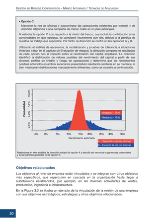 GESTIÓN DE RIESGOS CORPORATIVOS – MARCO INTEGRADO / TÉCNICAS DE APLICACIÓN
20
• Opción C
Mantener la red de oficinas y subcontratar las operaciones existentes por Internet y de
atención telefónica a una compañía de menor coste en un país extranjero.
Al estudiar la opción C con respecto a la visión del banco, que incluía la contribución a las
comunidades en que operaba, se consideró incoherente con ella, debido a la pérdida de
puestos de trabajo que supondría. Por tanto, la dirección se centró en las opciones A y B.
Utilizando el análisis de escenarios, la modelización y pruebas de tolerancia a situaciones
límite (se tratan en el capítulo de Evaluación de riesgos), la dirección comparó los resultados
de cada opción con el impacto sobre el rendimiento del capital empleado. La dirección
identificó la distribución de valores posibles del rendimiento del capital a partir de sus
diversos perfiles de crédito y riesgo de operaciones y determinó que los rendimientos
posibles obtenidos en ambos escenarios presentaban resultados similares en su mediana, si
bien mostraban distribuciones marcadamente diferentes, como se muestra a continuación.
Objetivos relacionados
Los objetivos al nivel de empresa están vinculados y se integran con otros objetivos
más específicos, que repercuten en cascada en la organización hasta llegar a
subobjetivos establecidos, por ejemplo, en las diversas actividades de ventas,
producción, ingeniería e infraestructura.
En la Figura 3.2 se ilustra un ejemplo de la vinculación de la misión de una empresa
con sus objetivos estratégicos, estrategias y otros objetivos relacionados.
 