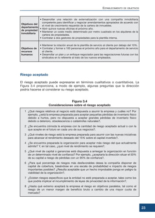 ESTABLECIMIENTO DE OBJETIVOS
23
Riesgo aceptado
El riesgo aceptado puede expresarse en términos cualitativos o cuantitativos. La
Figura 3.4 proporciona, a modo de ejemplo, algunas preguntas que la dirección
podría hacerse al considerar su riesgo aceptado.
1 ¿Qué riesgos relativos al negocio está dispuesta a asumir la empresa y cuáles no? Por
ejemplo, ¿está la empresa preparada para aceptar pequeñas pérdidas de inventario físico
debido a hurtos, pero no dispuesta a aceptar grandes pérdidas de inventario físico
debido a deterioro, obsolescencia o catástrofes naturales?.
2 ¿Se encuentra cómoda la empresa con la cantidad de riesgo aceptado actual o con la
que acepte en el futuro en cada uno de sus negocios?.
3 ¿Qué niveles de riesgo está la empresa preparada para asumir con las nuevas iniciativas
para alcanzar el rendimiento deseado del 15% sobre el capital invertido?.
4 ¿Se encuentra preparada la organización para aceptar más riesgo del que actualmente
admite? Y, en tal caso, ¿qué nivel de rendimiento se requiere?.
5 ¿Qué nivel de capital o ganancias está dispuesta a arriesgar la organización en función
de un determinado nivel de confianza? Por ejemplo, ¿aceptaría la dirección situar el 50%
de su capital a riesgo de pérdidas con un 95% de confianza?.
6 ¿Para qué porcentaje de riesgos más desfavorables desea la compañía disponer de
capital de cobertura, basándose en una escala de probabilidad e impacto de riesgos
importantes posibles? ¿Resulta aceptable que un hecho improbable ponga en peligro la
viabilidad de la organización?.
7 ¿Existen riesgos específicos que la entidad no esté preparada a aceptar, tales como los
que podría implicar el incumplimiento de leyes de privacidad de la información?.
8 ¿Hasta qué extremo aceptará la empresa el riesgo en objetivos paralelos, tal como el
riesgo de un menor margen de beneficio bruto a cambio de una mayor cuota de
mercado?
Figura 3.4
Consideraciones sobre el riesgo aceptado
Objetivos del
departamento
de propiedad
inmobiliaria
• Desarrollar una relación de externalización con una compañía inmobiliaria
competente para identificar y negociar arrendamientos apropiados de acuerdo con
el nivel de crecimiento requerido de la cartera de inmuebles.
• Abrir quince nuevas oficinas el próximo año.
• Mantener un coste medio determinado por metro cuadrado en los alquileres de la
cartera de propiedades.
• Contratar a dos gestores de propiedades para la plantilla interna.
Objetivos de
recursos
humanos
• Mantener la rotación anual de la plantilla de servicio al cliente por debajo del 10%.
• Contratar y formar a 100 personas el próximo año para el departamento de servicio
al cliente.
• Desarrollar un plan y un enfoque negociador para las negociaciones futuras con los
sindicatos en lo referente al trato de los nuevos empleados.
 