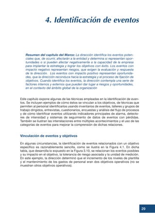 4. Identificación de eventos
Resumen del capítulo del Marco: La dirección identifica los eventos poten-
ciales que, de ocurrir, afectarán a la entidad y determina si representan opor-
tunidades o si pueden afectar negativamente a la capacidad de la empresa
para implantar la estrategia y lograr los objetivos con éxito. Los eventos con
impacto negativo representan riesgos, que exigen la evaluación y respuesta
de la dirección. Los eventos con impacto positivo representan oportunida-
des, que la dirección reconduce hacia la estrategia y el proceso de fijación de
objetivos. Cuando identifica los eventos, la dirección contempla una serie de
factores internos y externos que pueden dar lugar a riesgos y oportunidades,
en el contexto del ámbito global de la organización
Este capítulo expone algunas de las técnicas empleadas en la identificación de even-
tos. Se incluyen ejemplos de cómo éstos se vinculan a los objetivos, de técnicas que
permiten al personal identificarlos usando inventarios de eventos, talleres y grupos de
trabajo dirigidos, entrevistas, cuestionarios, encuestas y análisis del flujo de procesos
y de cómo identificar eventos utilizando indicadores principales de alarma, detecto-
res de intensidad y sistemas de seguimiento de datos de eventos con pérdidas.
También se ilustran las interrelaciones entre múltiples acontecimientos y el uso de las
categorías de eventos para mejorar la comprensión de dichas relaciones.
Vinculación de eventos y objetivos
En algunas circunstancias, la identificación de eventos relacionados con un objetivo
específico es razonablemente sencilla, como se ilustra en la Figura 4.1. En dicha
tabla, que desarrolla lo expuesto en la Figura 3.10, se relacionan los eventos posibles
y su impacto en el objetivo, la tolerancia de riesgo asociada y la unidad de medición.
En este ejemplo, la dirección determinó que el incremento de los niveles de plantilla
y el mantenimiento de los gastos de personal eran dos objetivos operativos (no se
muestran otros objetivos operativos).
29
 
