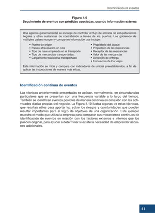 Una agencia gubernamental se encarga de controlar el flujo de entrada de estupefacientes
ilegales y otras sustancias de contrabando a través de los puertos. Los gobiernos de
múltiples países recogen y comparten información que incluye:
• Puerto de origen • Propietario del buque
• Países atravesados en ruta • Propietario de las mercancías
• Tipo de nave empleada en el transporte • Receptor de las mercancías
• Tipo de mercancías transportadas • Valor de las mercancías
• Cargamento tradicional transportado • Dirección de entrega
• Frecuencia de los viajes
Esta información se mide y compara con indicadores de umbral preestablecidos, a fin de
aplicar las inspecciones de manera más eficaz.
Identificación continua de eventos
Las técnicas anteriormente presentadas se aplican, normalmente, en circunstancias
particulares que se presentan con una frecuencia variable a lo largo del tiempo.
También se identifican eventos posibles de manera continua en conexión con las acti-
vidades diarias propias del negocio. La Figura 4.10 ilustra algunas de estas técnicas,
que resultan útiles para aportar luz sobre los riesgos y oportunidades que pueden
resultar importantes para el logro de objetivos de una organización. Este ejemplo
muestra el modo que utiliza la empresa para comparar sus mecanismos continuos de
identificación de eventos en relación con los factores externos e internos que los
pueden originar, para ayudar a determinar si existe la necesidad de emprender accio-
nes adicionales.
IDENTIFICACIÓN DE EVENTOS
41
Figura 4.9
Seguimiento de eventos con pérdidas asociadas, usando información externa
 