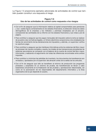 La Figura 7.3 proporciona ejemplos adicionales de actividades de control que tam-
bién pueden constituir una respuesta al riesgo.
• Con el fin de asegurar que la información relativa al capital comprometido para pensiones
y sus costes figura correctamente en los estados financieros, la dirección revisa los datos
demográficos de la empresa y los métodos y premisas empleados por el actuario,
comparando las cantidades de su informe con los estados financieros y sus notas a pie de
página.
• Para contribuir a asegurar que los pagos mensuales del impuesto sobre la renta se realizan
de acuerdo a las normativas legales, un fichero electrónico proporciona a los empleados las
fechas de vencimiento de las declaraciones de impuestos y, además, un supervisor verifica
su oportuno pago.
• Para contribuir a asegurar que las interfaces informáticas entre los sistemas del libro mayor
se procesan de manera completa y exacta, los totales de las transacciones procedentes de
sistemas secundarios se comparan con el balance de la cuenta de control del libro mayor,
informando y realizando el seguimiento de todas las diferencias encontradas entre ambos
importes.
• Para contribuir a minimizar las pérdidas de inventario, los documentos de transferencia son
revisados y aprobados por el supervisor del almacén antes de la salida de los artículos.
• Con el fin de asegurar que sólo se transfieren al entorno de producción los programas
probados y aceptados en un entorno de prueba, las transferencias se llevan a cabo
basándose únicamente en la finalización de las pruebas y aprobaciones relacionadas, así
como en la autorización de los responsables del departamento informático y la línea
organizativa de la que depende el usuario.
ACTIVIDADES DE CONTROL
83
Figura 7.3
Uso de las actividades de control como respuesta a los riesgos
 