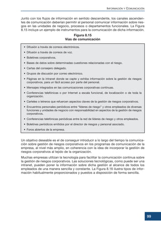 Junto con los flujos de información en sentido descendente, los canales ascenden-
tes de comunicación deberían permitir al personal comunicar información sobre ries-
gos en las unidades de negocio, procesos o departamentos funcionales. La Figura
8.15 incluye un ejemplo de instrumentos para la comunicación de dicha información.
Un objetivo deseable es el de conseguir introducir a lo largo del tiempo la comunica-
ción sobre gestión de riesgos corporativos en los programas de comunicación de la
empresa, al nivel más amplio, en coherencia con la idea de incorporar la gestión de
riesgos corporativos al tejido de la organización.
Muchas empresas utilizan la tecnología para facilitar la comunicación continua sobre
la gestión de riesgos corporativos. Las soluciones tecnológicas, como puede ser una
intranet, pueden poner la información sobre dicha gestión al alcance de todos los
empleados de una manera sencilla y constante. La Figura 8.16 ilustra tipos de infor-
mación habitualmente proporcionados y puestos a disposición de forma sencilla.
INFORMACIÓN Y COMUNICACIÓN
99
• Difusión a través de correos electrónicos.
• Difusión a través de correos de voz.
• Boletines corporativos.
• Bases de datos sobre determinadas cuestiones relacionadas con el riesgo.
• Cartas del consejero delegado.
• Grupos de discusión por correo electrónico.
• Páginas en la intranet donde se capte y exhiba información sobre la gestión de riesgos
corporativos, para un fácil acceso por parte del personal.
• Mensajes integrados en las comunicaciones corporativas continuas.
• Conferencias telefónicas o por Internet a escala funcional, de localización o de toda la
organización.
• Carteles o letreros que refuercen aspectos claves de la gestión de riesgos corporativos.
• Encuentros personales periódicos entre “líderes de riesgo” y otros empleados de diversas
funciones y unidades de negocio con responsabilidad en aspectos de la gestión de riesgos
corporativos.
• Conferencias telefónicas periódicas entre la red de líderes de riesgo y otros empleados.
• Boletines periódicos emitidos por el director de riesgos y personal asociado.
• Foros abiertos de la empresa.
Figura 8.15
Vías de comunicación
 