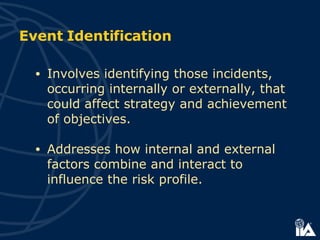 Event Identification Involves identifying those incidents, occurring internally or externally, that could affect strategy and achievement of objectives. Addresses how internal and external factors combine and interact to influence the risk profile.   