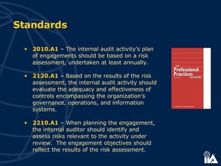 2010.A1  –  The internal audit activity’s plan of engagements should be based on a risk assessment, undertaken at least annually. 2120.A1  –  Based on the results of the risk assessment, the internal audit activity should evaluate the adequacy and effectiveness of controls encompassing the organization’s governance, operations, and information systems. 2210.A1  –  When planning the engagement, the internal auditor should identify and assess risks relevant to the activity under review.  The engagement objectives should reflect the results of the risk assessment. Standards 