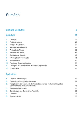 Sumário



Sumário Executivo                                                                   3

Estrutura                                                                          11
1.    Definição                                                                     13
2.    Ambiente Interno                                                              27
3.    Fixação de Objetivos                                                          37
4.    Identificação de Eventos                                                      45
5.    Avaliação de Riscos                                                           53
6.    Resposta aos Riscos                                                           61
7.    Atividades de Controle                                                        67
8.    Informação e Comunicação                                                      75
9.    Monitoramento                                                                 83
10.   Funções e Responsabilidades                                                   91
11.   Limitações do Gerenciamento de Riscos Corporativos                           101
12.   O Que Fazer                                                                  105


Apêndices
A.    Objetivos e Metodologia                                                      107
B.    Resumo dos Princípios Fundamentais                                           109
C.    Relação entre Gerenciamento de Riscos Corporativos – Estrutura Integrada e
      Controle Interno - Estrutura Integrada                                       119
D.    Bibliografia Selecionada                                                     123
E.    Consideração aos Comentários Recebidos                                       125
F.    Glossário                                                                    131
G.    Agradecimentos                                                               135
 