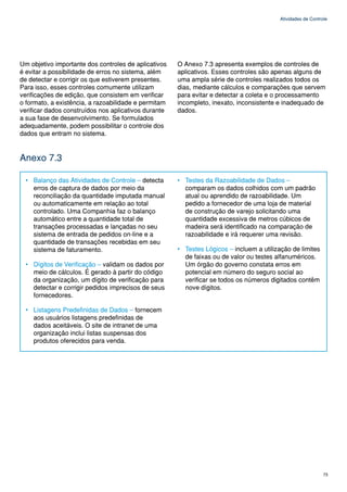 Atividades de Controle




Um objetivo importante dos controles de aplicativos   O Anexo 7.3 apresenta exemplos de controles de
é evitar a possibilidade de erros no sistema, além    aplicativos. Esses controles são apenas alguns de
de detectar e corrigir os que estiverem presentes.    uma ampla série de controles realizados todos os
Para isso, esses controles comumente utilizam         dias, mediante cálculos e comparações que servem
verificações de edição, que consistem em verificar    para evitar e detectar a coleta e o processamento
o formato, a existência, a razoabilidade e permitam   incompleto, inexato, inconsistente e inadequado de
verificar dados construídos nos aplicativos durante   dados.
a sua fase de desenvolvimento. Se formulados
adequadamente, podem possibilitar o controle dos
dados que entram no sistema.


Anexo 7.3

  • Balanço das Atividades de Controle – detecta      • Testes da Razoabilidade de Dados –
    erros de captura de dados por meio da               comparam os dados colhidos com um padrão
    reconciliação da quantidade imputada manual         atual ou aprendido de razoabilidade. Um
    ou automaticamente em relação ao total              pedido a fornecedor de uma loja de material
    controlado. Uma Companhia faz o balanço             de construção de varejo solicitando uma
    automático entre a quantidade total de              quantidade excessiva de metros cúbicos de
    transações processadas e lançadas no seu            madeira será identificado na comparação de
    sistema de entrada de pedidos on-line e a           razoabilidade e irá requerer uma revisão.
    quantidade de transações recebidas em seu
    sistema de faturamento.                           • Testes Lógicos – incluem a utilização de limites
                                                        de faixas ou de valor ou testes alfanuméricos.
  • Dígitos de Verificação – validam os dados por       Um órgão do governo constata erros em
    meio de cálculos. É gerado à partir do código       potencial em número do seguro social ao
    da organização, um dígito de verificação para       verificar se todos os números digitados contêm
    detectar e corrigir pedidos imprecisos de seus      nove dígitos.
    fornecedores.

  • Listagens Predefinidas de Dados – fornecem
    aos usuários listagens predefinidas de
    dados aceitáveis. O site de intranet de uma
    organização inclui listas suspensas dos
    produtos oferecidos para venda.




                                                                                                              73
 