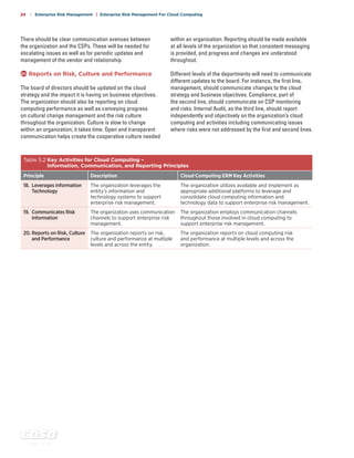 c o s o . o r g
24 | Enterprise Risk Management | Enterprise Risk Management For Cloud Computing
There should be clear communication avenues between
the organization and the CSPs. These will be needed for
escalating issues as well as for periodic updates and
management of the vendor and relationship.
20	Reports on Risk, Culture and Performance
The board of directors should be updated on the cloud
strategy and the impact it is having on business objectives.
The organization should also be reporting on cloud
computing performance as well as conveying progress
on cultural change management and the risk culture
throughout the organization. Culture is slow to change
within an organization; it takes time. Open and transparent
communication helps create the cooperative culture needed
within an organization. Reporting should be made available
at all levels of the organization so that consistent messaging
is provided, and progress and changes are understood
throughout.
Different levels of the departments will need to communicate
different updates to the board. For instance, the first line,
management, should communicate changes to the cloud
strategy and business objectives. Compliance, part of
the second line, should communicate on CSP monitoring
and risks. Internal Audit, as the third line, should report
independently and objectively on the organization’s cloud
computing and activities including communicating issues
where risks were not addressed by the first and second lines.
Table 5.2 Key Activities for Cloud Computing –
Information, Communication, and Reporting Principles
Principle Description Cloud Computing ERM Key Activities
18. Leverages Information
Technology
The organization leverages the
entity’s information and
technology systems to support
enterprise risk management.
The organization utilizes available and implement as
appropriate additional platforms to leverage and
consolidate cloud computing information and
technology data to support enterprise risk management.
19. Communicates Risk
Information
The organization uses communication
channels to support enterprise risk
management.
The organization employs communication channels
throughout those involved in cloud computing to
support enterprise risk management.
20. Reports on Risk, Culture
and Performance
The organization reports on risk,
culture and performance at multiple
levels and across the entity.
The organization reports on cloud computing risk
and performance at multiple levels and across the
organization.
 