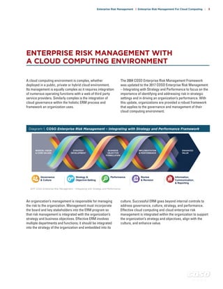 c o s o . o r g
Enterprise Risk Management | Enterprise Risk Management For Cloud Computing | 3
COSO Infographic with Principles
MISSION, VISION
& CORE VALUES
STRATEGY
DEVELOPMENT
BUSINESS
OBJECTIVE
FORMULATION
IMPLEMENTATION
& PERFORMANCE
ENHANCED
VALUE
ENTERPRISE RISK MANAGEMENT
Review
& Revision
Information,
Communication,
& Reporting
Performance
Strategy &
Objective-Setting
Governance
& Culture
1. Exercises Board Risk
Oversight
2. Establishes Operating
Structures
3. Defines Desired Culture
4. Demonstrates
Commitment
to Core Values
5. Attracts, Develops,
and Retains Capable
Individuals
6. Analyzes Business
Context
7. Defines Risk Appetite
8. Evaluates Alternative
Strategies
9. Formulates Business
Objectives
10. Identifies Risk
11. Assesses Severity
of Risk
12. Prioritizes Risks
13. Implements Risk
Responses
14. Develops Portfolio
View
15. Assesses Substantial
Change
16. Reviews Risk and
Performance
17. Pursues improvement
in Enterprise Risk
Management
18. Leverages Information
and Technology
19. Communicates Risk
Information
20. Reports on Risk,
Culture, and
Performance
Diagram 1. COSO Enterprise Risk Management – Integrating with Strategy and Performance Framework
A cloud computing environment is complex, whether
deployed in a public, private or hybrid cloud environment.
Its management is equally complex as it requires integration
of numerous operating functions with a web of third party
service providers. Similarly complex is the integration of
cloud governance within the holistic ERM process and
framework an organization uses.
The 2004 COSO Enterprise Risk Management Framework
was updated to the 2017 COSO Enterprise Risk Management
– Integrating with Strategy and Performance to focus on the
importance of identifying and addressing risk in strategic
settings and in driving an organization’s performance. With
this update, organizations are provided a robust framework
that applies to the governance and management of their
cloud computing environment.
ENTERPRISE RISK MANAGEMENT WITH
A CLOUD COMPUTING ENVIRONMENT
An organization’s management is responsible for managing
the risk to the organization. Management must incorporate
the board and key stakeholders into the ERM program so
that risk management is integrated with the organization’s
strategy and business objectives. Effective ERM involves
multiple departments and functions; it should be integrated
into the strategy of the organization and embedded into its
culture. Successful ERM goes beyond internal controls to
address governance, culture, strategy, and performance.
Effective cloud computing and cloud enterprise risk
management is integrated within the organization to support
the organization’s strategy and objectives, align with the
culture, and enhance value.
2017 COSO Enterprise Risk Management – Integrating with Strategy and Performance
 
